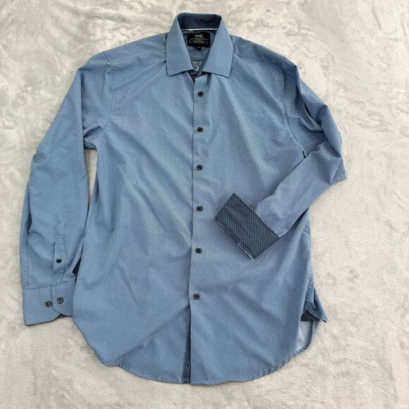 WRK Shirt Mens 15.5 Blue Geometric Button Up‎ Flip Cuff 4-Way Stretch Party Club - Picture 1 of 12